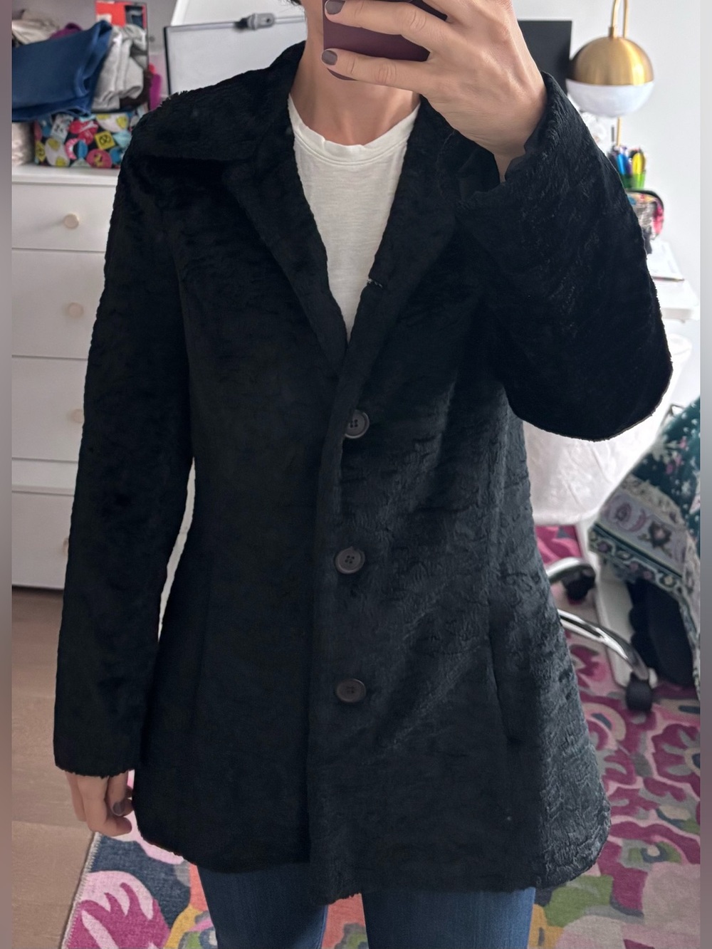 Women's Black Faux Fur Pea Coat - Classic Button Front